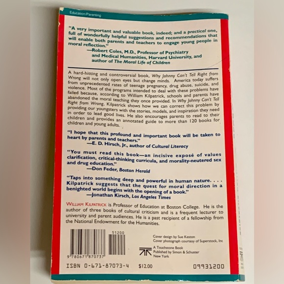 WHY JOHNNY CAN’T TELL RIGHT FROM WRONG by William Kilpatrick Paperback Book - Picture 2 of 6